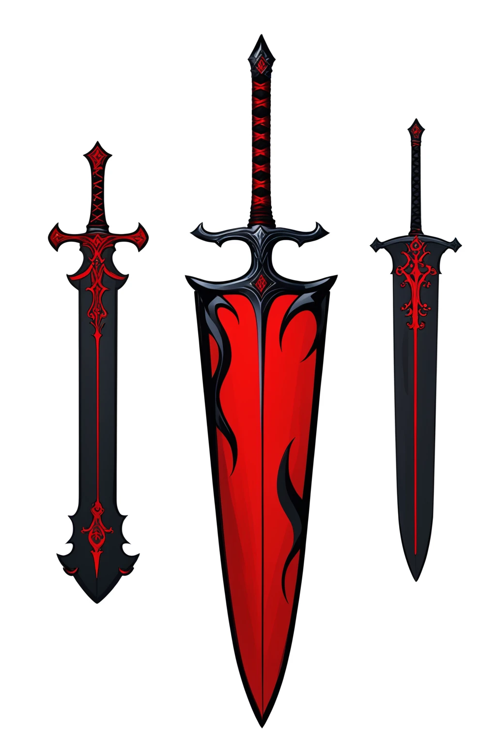 there are two different types of swords with red paint on them, black and red fantasy sword, sword design, swords, metal swords, swords drawn, fantasy sword of warrior, medieval sword, many swords, medieval weapon, multiple floating swords, sword, daggers, tarot swords, fantasy sword, style of ghost blade, beautiful sword, an evil sword, sword and shield