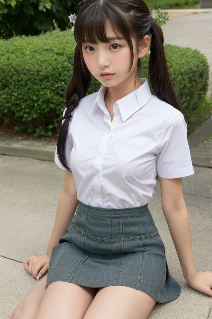 ((highest quality, masterpiece :1.3)), Photorealistic、Ultra-high resolution、Natural skin texture、Hyperrealism、Photograph from the knee up、 Japanese beautiful girl、Twin tail hair、well-shaped breasts、A worn out white collared shirt and tie、mini skirt、Painful expression