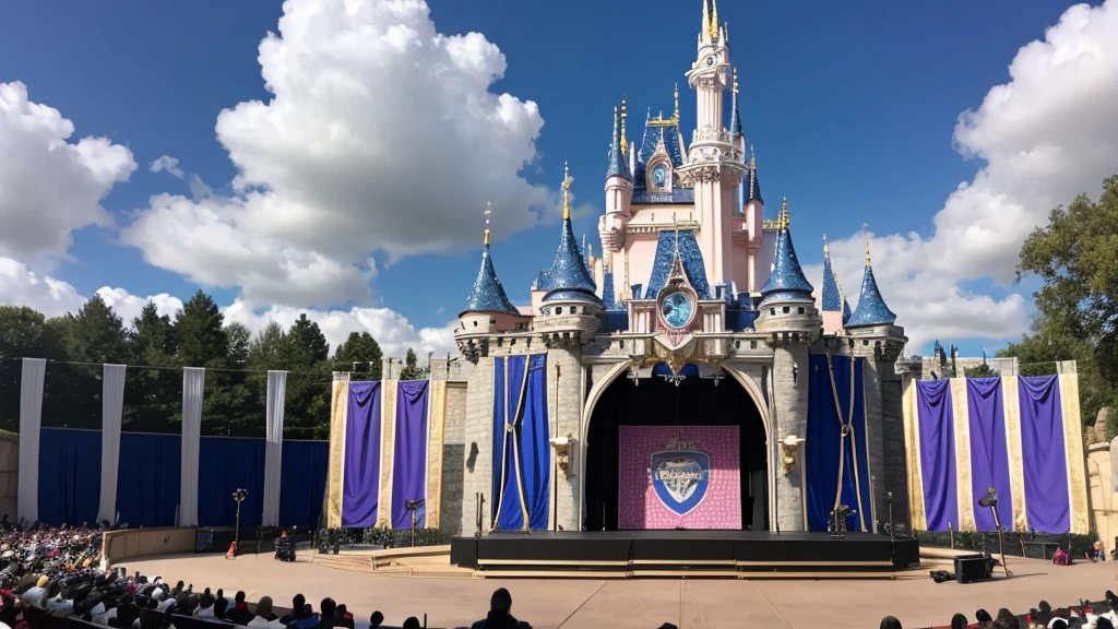 An empty Disneyland-style outdoor show stage during the day