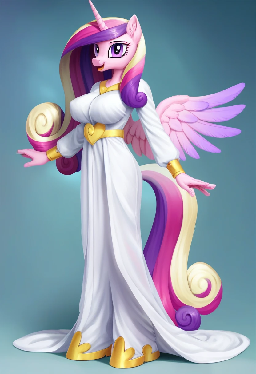 score_9, score_8_up, score_7_up, score_6_up, score_5_up, score_4_up,  by aki99, source_pony, rating_questionable, masterpiece, countershading, detailed soft lighting BREAK
anthro pony princess cadance wearing a silver robe, long hair, joyful, oiled, shiny, large breasts, full body, ear fluff, fashion show background 