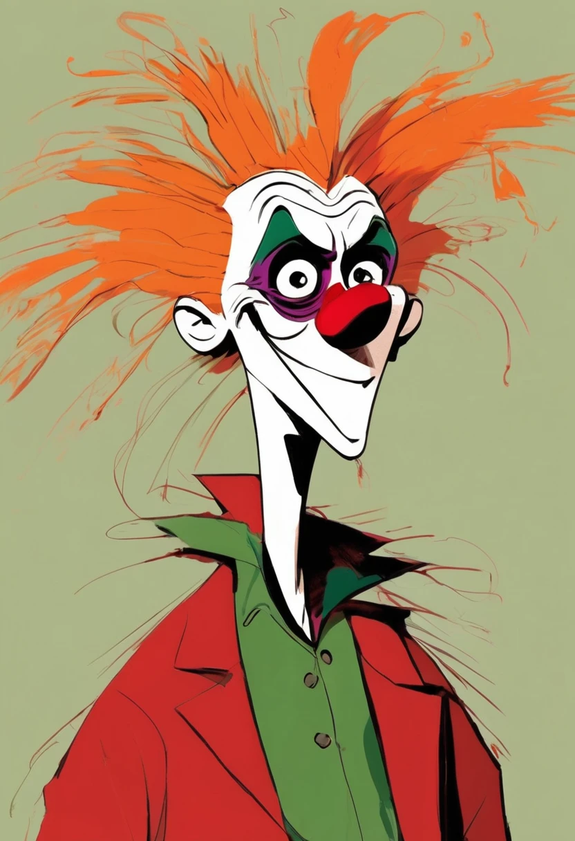 (((Digital character sketch:1.37，Matchstick Men))).(1 Joker,Solitary,big eyes，Red Nose，(Exaggerated expression,Exaggerated hairstyle)，Messy hair)，(Black sketch lines，Loose brushstrokes create the outline，Cartoon Style. Bright colors and simplified lines, sketch)。(Exaggerated body movements),(Large area of blank）
