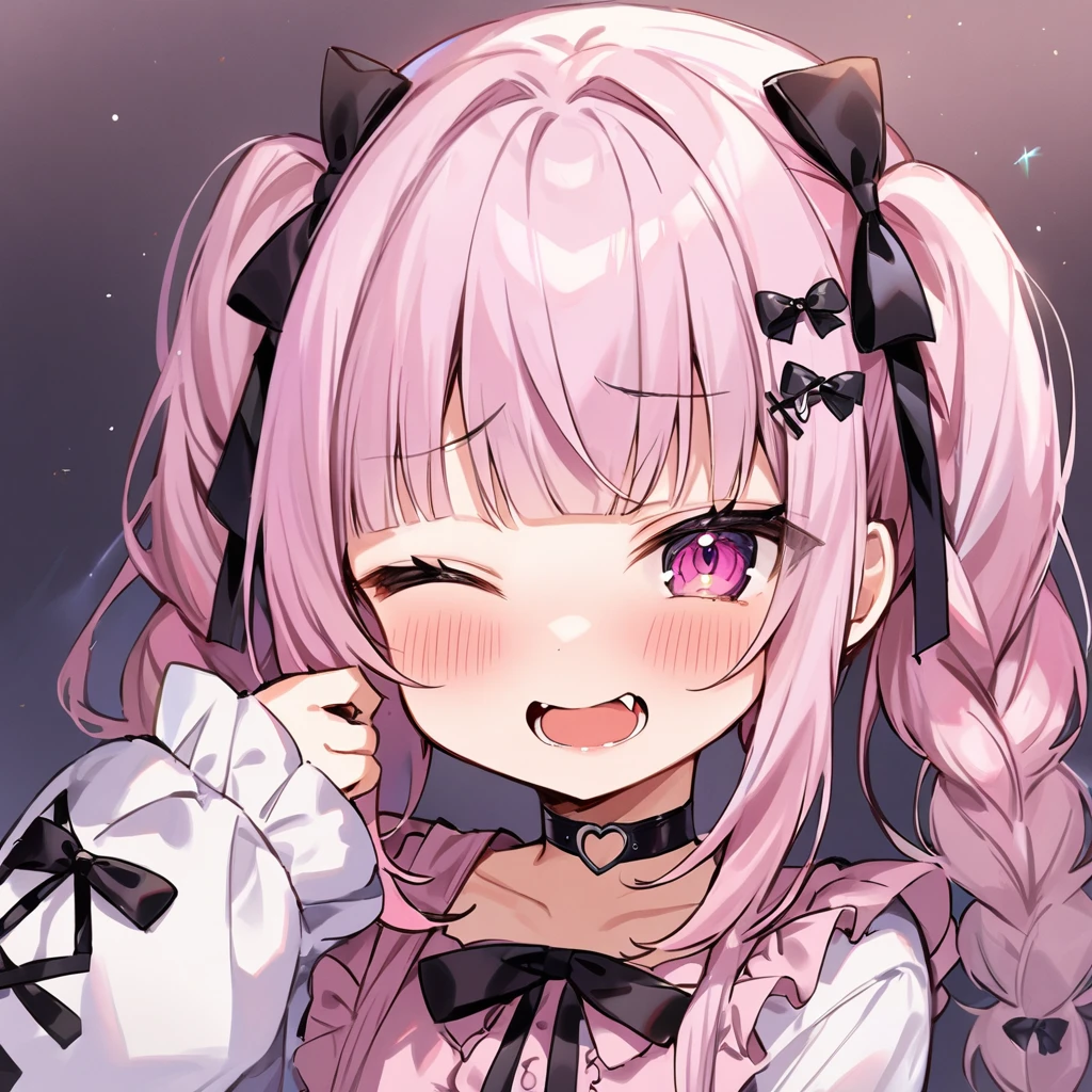 Top quality, masterpiece, chibi character, animal ear girl, peal purple and blunt bangs hair, twin braids, eyes closed, mouth wide open and screaming, blushing, smilng,fangs,(a girl with closs hair pin,
pink shirt,cosplay, jirai kei, bangs, black skirt, black bow, looking at viewer, bow, long sleeves, choker, ribbon,portrait shot :1.4),A girl being examined by a female doctor in a white coat,