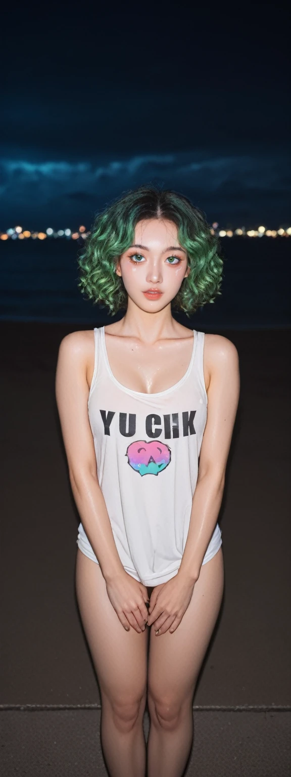 neon city, 16 years old, cyber punk, school girl, green hair, white tank top, stick out tongue