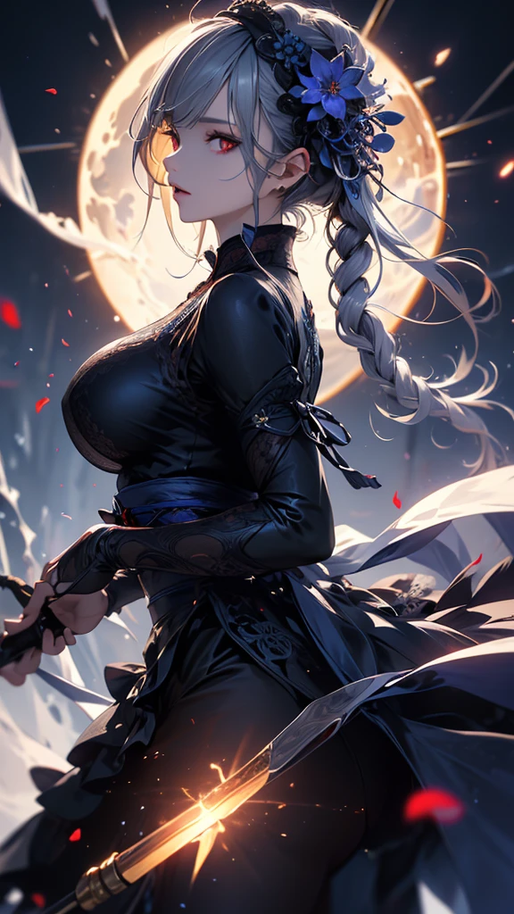 masterpiece, high quality, 4K, Beautiful design, silhouette,Gray Hair, 非常に詳細な夜のStarry Sky,Flower Field, wonderful, Finer details, Very knowledgeable woman, Highly detailed solo, 1 female,Red eyes,Big Breasts,Blue Gothic Lolita Fashion,Night view,Starry Sky,Red full moon,