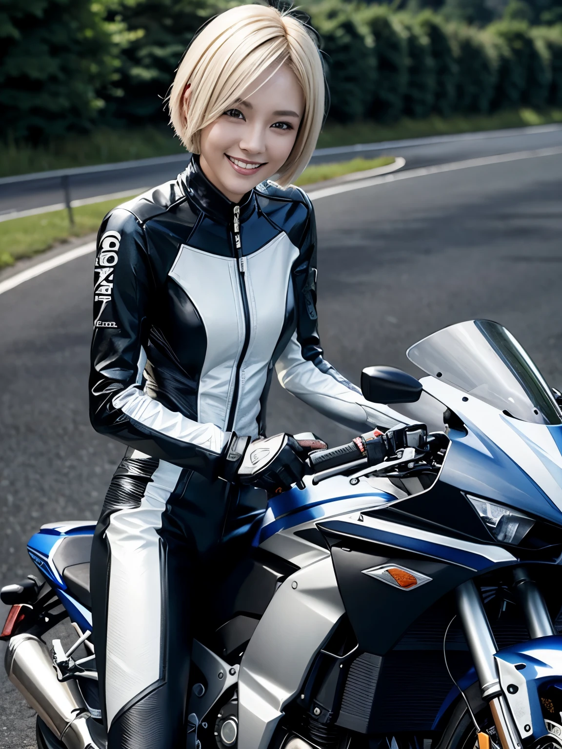 smile、One beautiful Asian woman、Blonde short bob hair、Small face、Model proportions、Riding a motorcycle on the road、Long sleeves and pants、Silver color racing leather suit