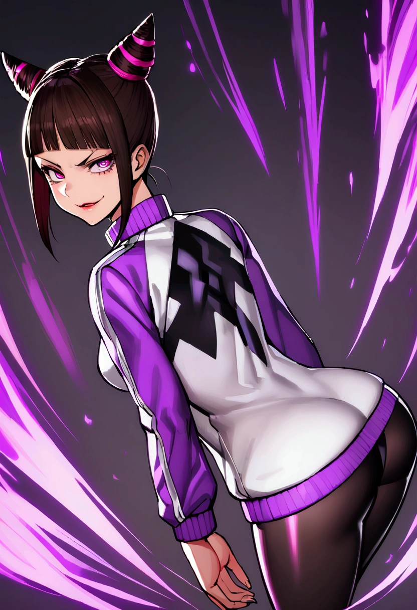 juri han,standing backwards,looking back,beautiful young fitness woman with , in a gym wearing May with black pantyhose, white and purple fitted gym jacket. standing alone,hair horns,bright purple eyes,Evil smile,legging preto aura roxa,right eyes super shining purple
