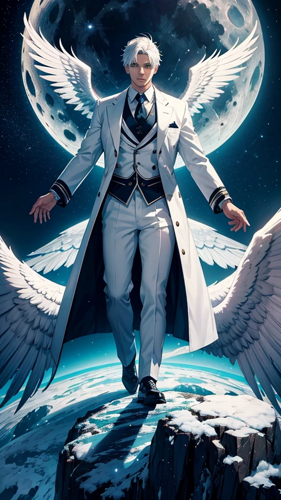 a male 35 year old angel, white coat, with thousands massive wings, with a full moon in the background, divine art, his size is bigger than mountain, stand between two mountains, ultra definition, best quality, 32k ultra, ultra HD.