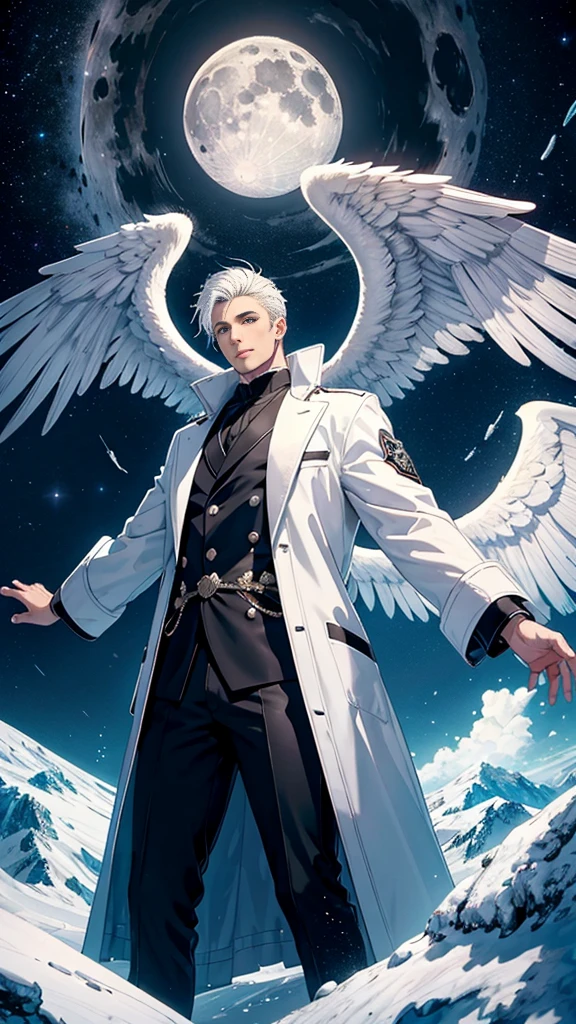 a male 35 year old angel, white coat, with thousands massive wings, with a full moon in the background, divine art, his size is bigger than mountain, stand between two mountains, ultra definition, best quality, 32k ultra, ultra HD.