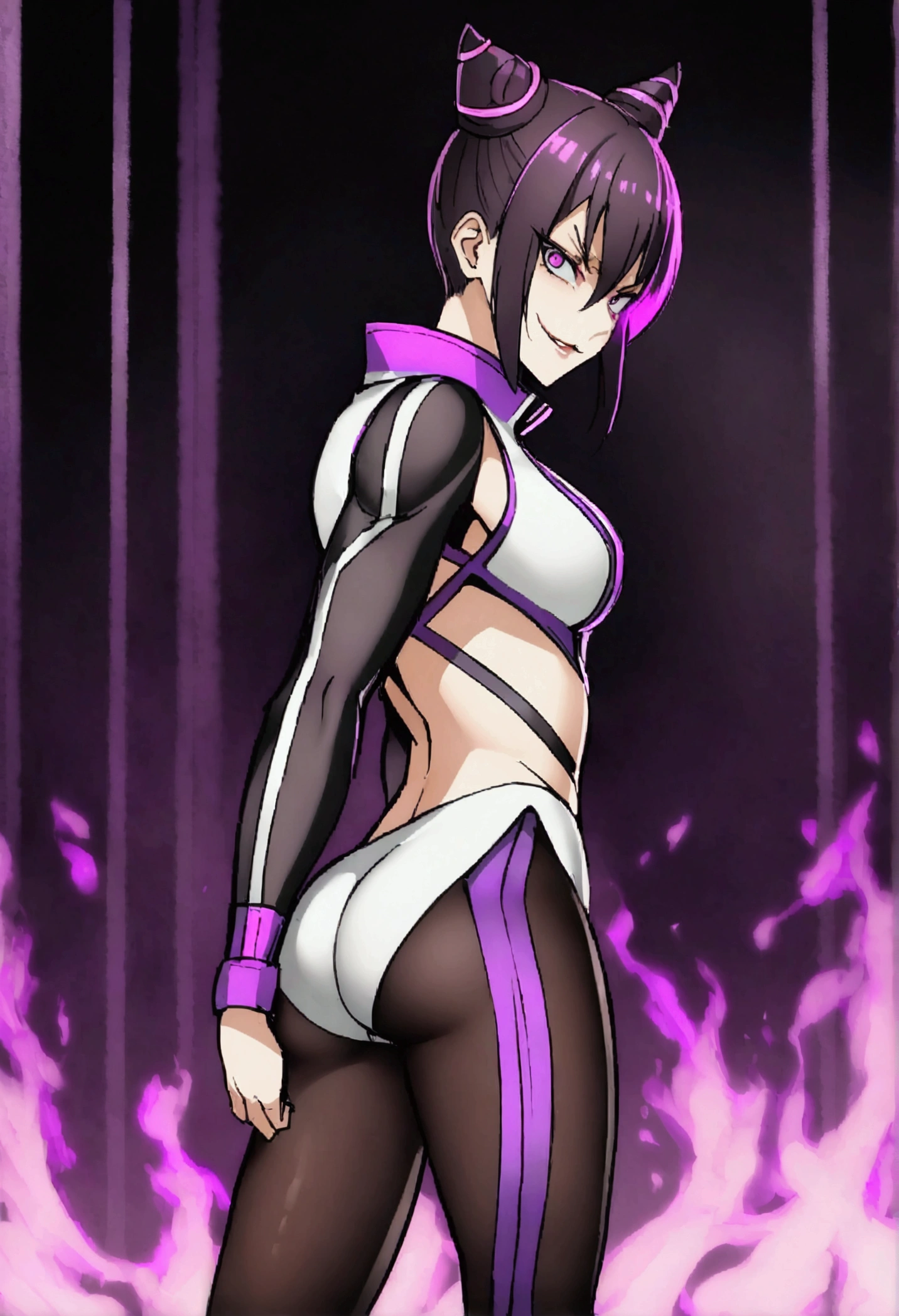 J,standing backwards,looking back,bela Jovem fitness com , in a gym wearing May with black pantyhose, Jaqueta de ginástica Justa branca e roxa. standing alone,hair horns,bright purple eyes,Evil smile,legging preto aura roxa,right eyes super shining purple