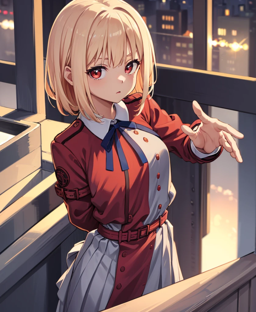 They haven't even toned it down, Nishikigi chisato, short hair, bangs, Blonde, (Red eyes:1.5), hair ribbon, One side up, Bobcut,
break shirt, Long sleeve, dress, ribbon, White shirt, Collared shirt, belt, neck ribbon, red dress, blue ribbon, pleated dress, grey dress, two-tone dress, red belt, Uniform sake,,
break outdoors, city,
break looking at viewer, break (masterpiece:1.2), Highest quality, High resolution, unity 8k wallpaper, (figure:0.8), (Beautiful attention to detail:1.6), Highly detailed face, Perfect lighting, Highly detailed CG, (Perfect hands, Perfect Anatomy),