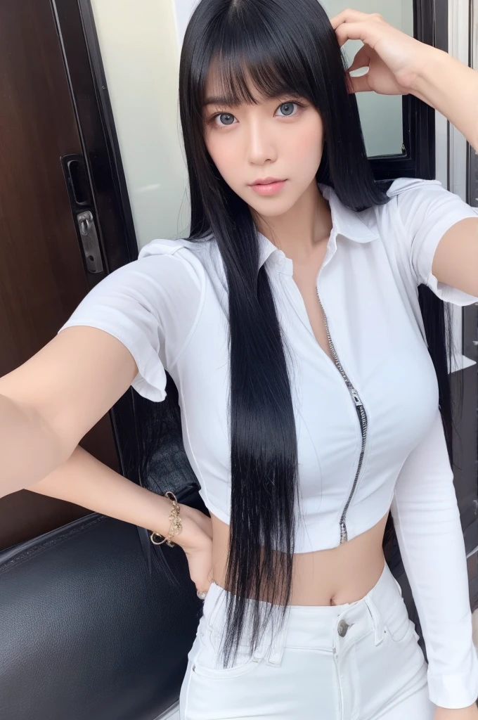 30-year-old woman,Long face,Black Hair,Asian,Long Hair,Long Bangs,Blue Eyes,White Shirt,Leather pants,Selfie