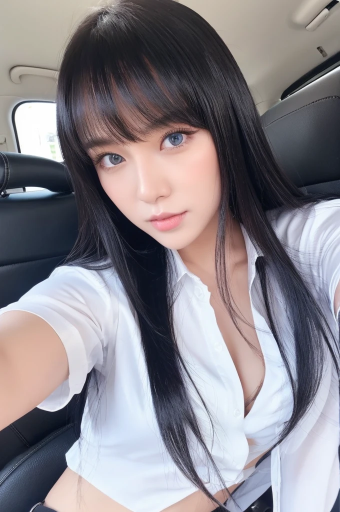30-year-old woman,Long face,Black Hair,Asian,Long Hair,Long Bangs,Blue Eyes,White Shirt,Leather pants,Selfie