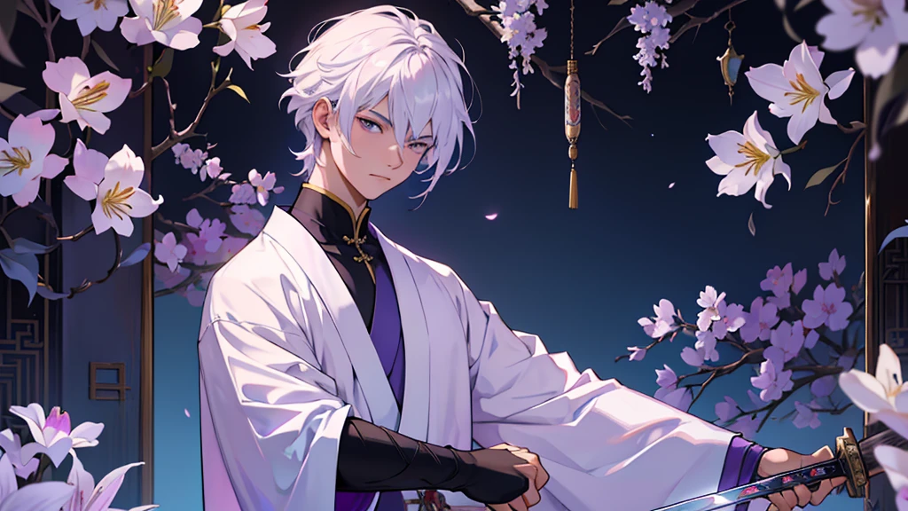A Chinese boy who has a white hair and holding a sword wearing a white kimono with long long sleeps his kimono has a Persian painting patron and it's shiny behind him is a wall it's like a rock wall half top of the painting is surrounded by white pink purple and light blue flowers like Lily of the Valley and violets and the bottom of the painting there is so many gemstones who are pink purple and light blue the boy has a hair accessory that has a diamond shape gemstone stone that is deep red the boy hold the sword with both hand in the front of him and his pose is kind of like 3.4 of his face showing to us ‏he's har is so long