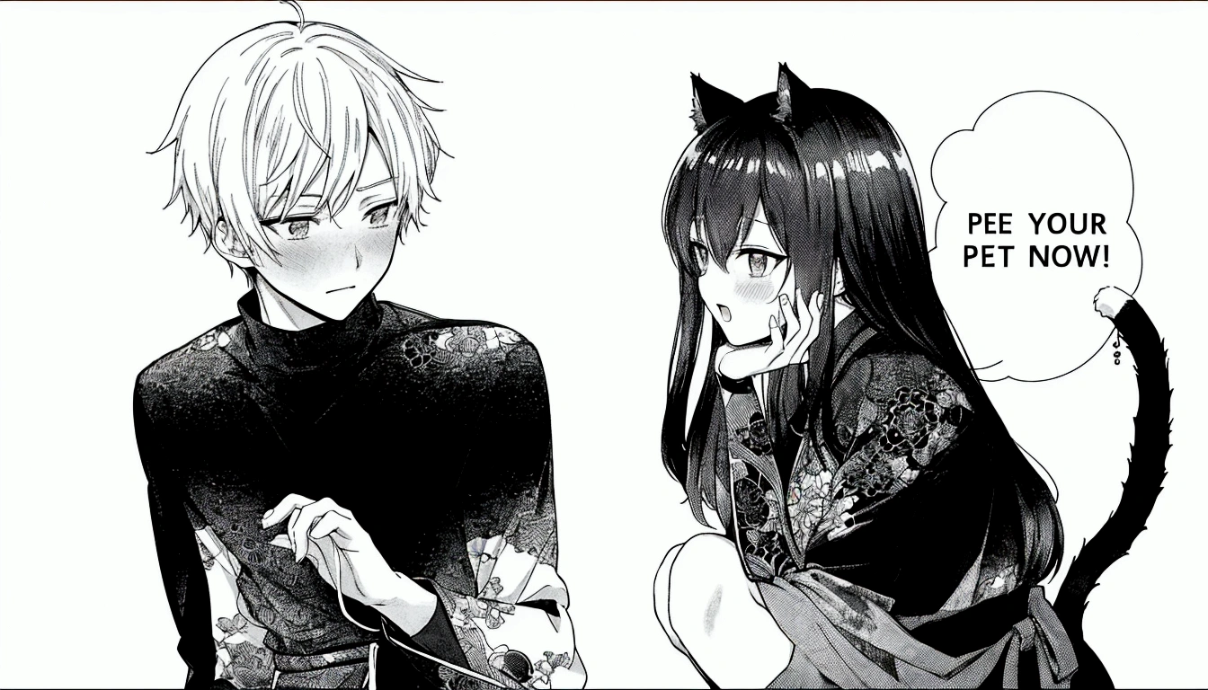 anime, a couple of people with a cat on their shoulder, black and white manga, black and white manga panel, black and white manga comic, black and white manga page, black and white manga style, shoujo manga, shojo manga, japanese shoujo manga, manga panels, shoujo romance, manga page, manga scans, looking at each other mindlessly