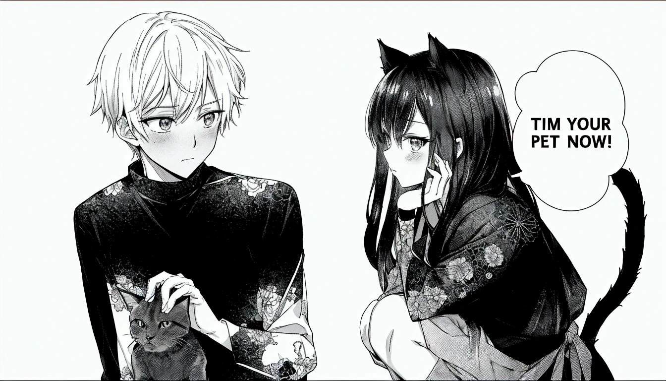 anime, a couple of people with a cat on their shoulder, black and white manga, black and white manga panel, black and white manga comic, black and white manga page, black and white manga style, shoujo manga, shojo manga, japanese shoujo manga, manga panels, shoujo romance, manga page, manga scans, looking at each other mindlessly