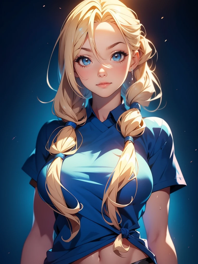 1girl, solo, portrait of a woman with blonde hair, long flowing pigtails, wearing a blue shirt, wearing a t-shirt, shirt tied in a shirt knot, exposed navel, anime illustration, anime girls, vivid colors, detailed facial features, dramatic lighting, digital painting, trending on ArtStation