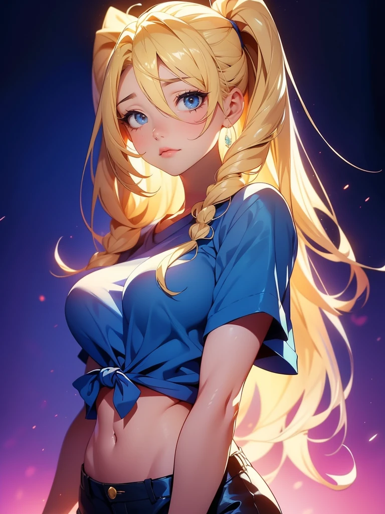 1girl, solo, portrait of a woman with blonde hair, long flowing pigtails, wearing a blue shirt, wearing a t-shirt, shirt tied in a shirt knot, exposed navel, anime illustration, anime girls, vivid colors, detailed facial features, dramatic lighting, digital painting, trending on ArtStation