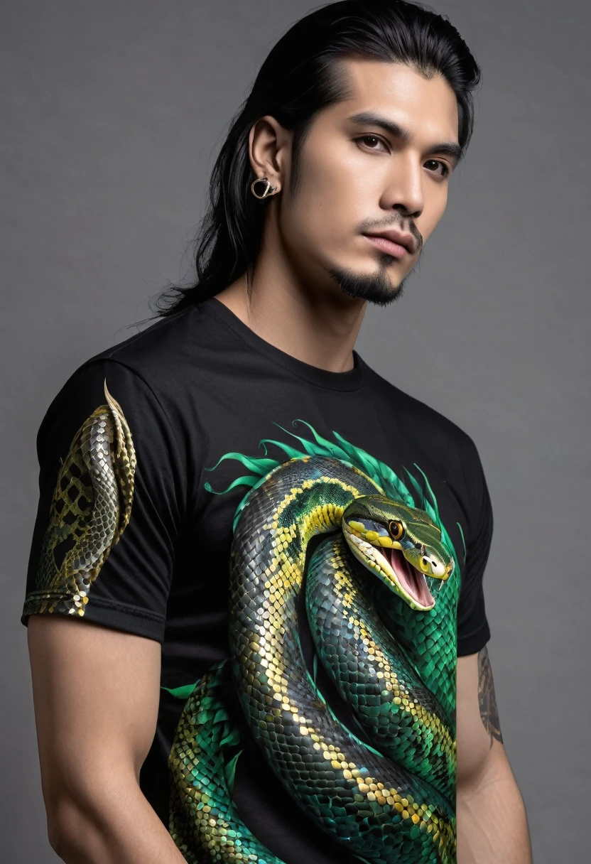 t shirt design, Create a menacing black t-shirt with a full-length python motif inspired by the aesthetics of heavy metal music. The artwork features an elegant style, python dourado e verde claro enrolado sinuosamente, its scales shining in the dim light. python'The mouth is wide open, revealing rows of sharp teeth dripping with blood, exuding a raw feeling, primitive aggression, clear sky and bright sun in the background, improving the sinister atmosphere of the design. python'the eyes shine with a malevolent shine, capturing the essence of danger and violence. The overall style is bold and intense, embodying the dark and edgy spirit of heavy metal music.