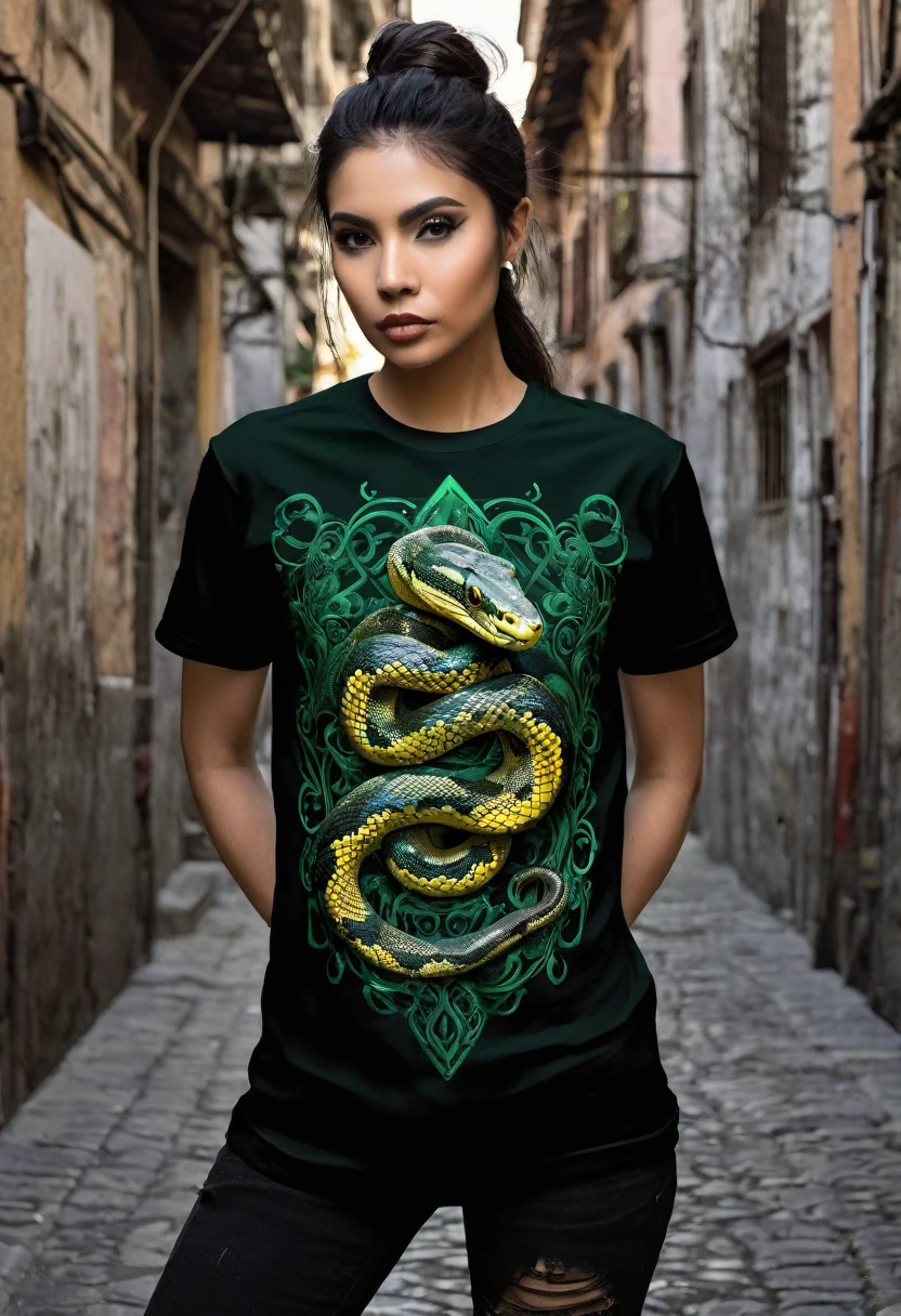 t shirt design, Create a menacing black t-shirt with a full-length python motif inspired by the aesthetics of heavy metal music. The artwork features an elegant style, python dourado e verde claro enrolado sinuosamente, its scales shining in the dim light. python&#39;The mouth is wide open, revealing rows of sharp teeth dripping with blood, exuding a raw feeling, primitive aggression, clear sky and bright sun in the background, improving the sinister atmosphere of the design. python&#39;the eyes shine with a malevolent shine, capturing the essence of danger and violence. The overall style is bold and intense, embodying the dark and edgy spirit of heavy metal music.