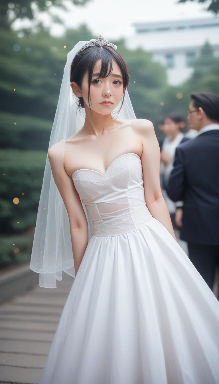 (Sweat:0.7),Light Wedding Dress,White skirt,Miss,Japanese,Delicate face, Pretty Face,Bare shoulders,Slightly exposed shoulders,clear translucent skin,black eyes,Black Hair,(Reality:1.4),Realistic details, high resolution,Bokeh,Outstanding details