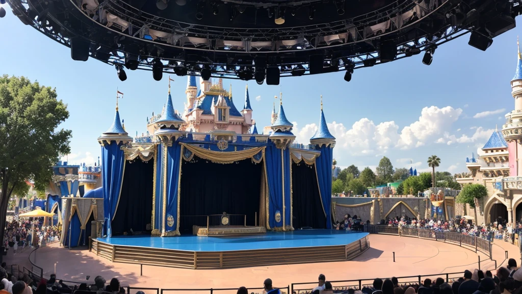 An empty Disneyland-style outdoor show stage during the day