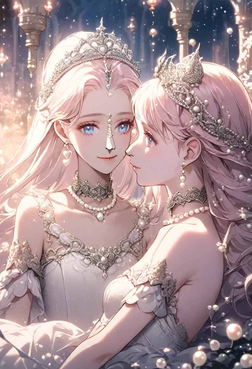 (Highest quality, masterpiece, Very detailedな, Very detailed, Exquisite, 16K,Full HD),Lilia, A girl with long pink hair, Blue eyes, a white dress with black lace, a big pink ribbon on her chest, a white flower hair ornament around her right ear.A little closer,Golden Ratio,Dramatic lighting,pastel colour,Soft lighting,Laughter,bubble,Underwater,Ocean, pastel colourの珊瑚礁,((alone:1.5)),((swim,seems to be happy,smile,sing:1.5)),(The Little Mermaid:1.4),( Long eyelashes,White skin,slim,pale pink plump lips,Pale pink cheeks, The wind is blowing,White fluffy hair,thin and long,(thin and high nose,Small Nose),Silver and pearl decoration,Pearl tiara,Pearl Earrings,Pearl Earrings,Pearl Choker, (Fantasy, Romantic atmosphere),