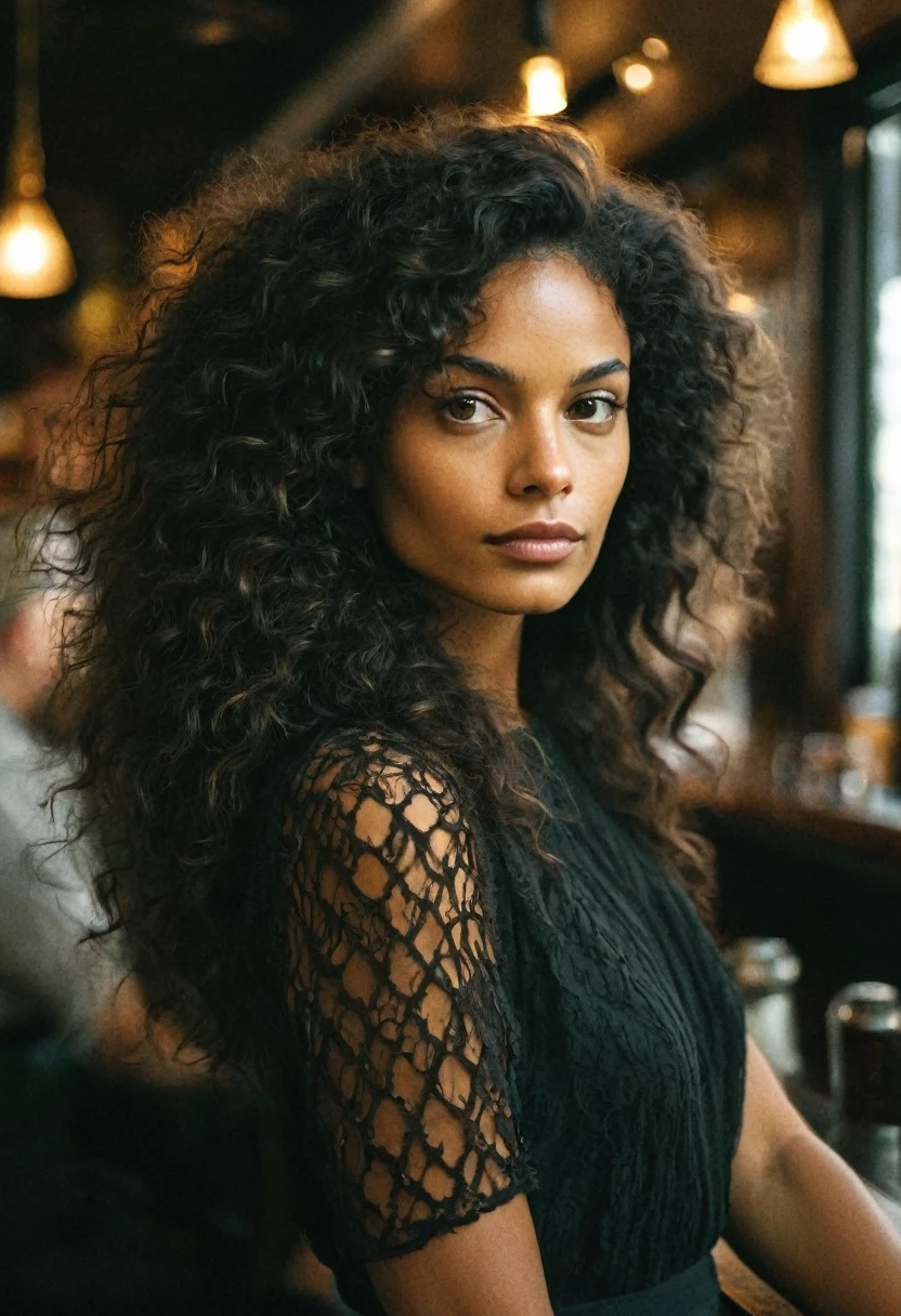 Photo prise d'une femme dans un bar. Elle a de longs cheveux noirs ondulés ébouriffés par la brise océanique. Rétroéclairage naturel aux heures dorées. ppositions multiples