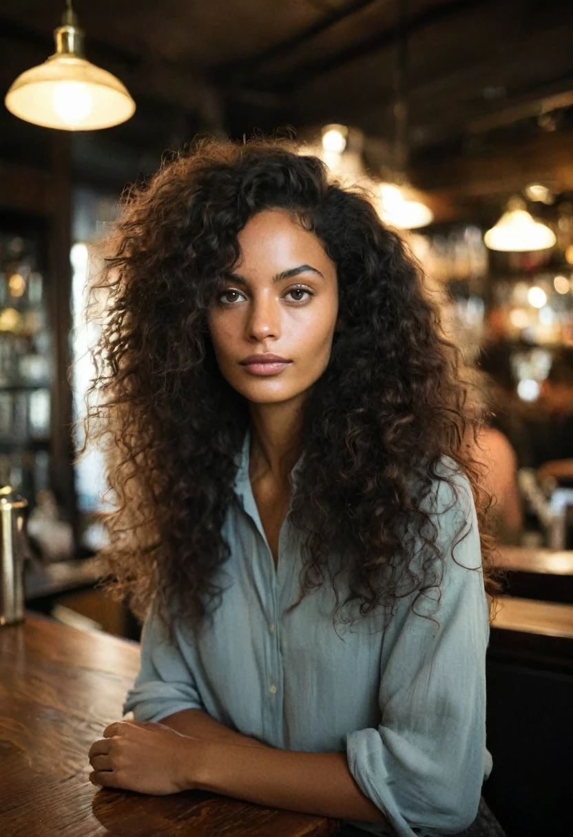 Photo prise d'une femme dans un bar. Elle a de longs cheveux noirs ondulés ébouriffés par la brise océanique. Rétroéclairage naturel aux heures dorées. ppositions multiples