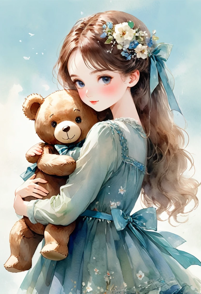 ((antique:1.5)),((hugging a teddy bear)),(Teddy bear),Beautiful and cute woman,1 Female,Solo,Sharp features,Sophisticated,((Watercolor:1.5)),whole body,超High resolution,((Attention to detail:1.5)),high quality,High resolution,最high quality,(vintage:1.4),(Cute pose:1.3),Dull color,So adorable,model like,Fluffy atmosphere,(Accurate body),((antiqueな服:1.5)),(Super Detail),Fashionable hairstyle,