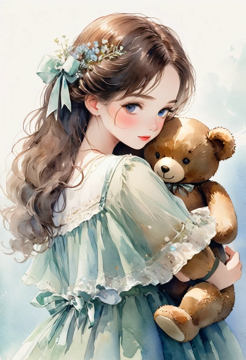 ((antique:1.5)),((hugging a teddy bear)),(Teddy bear),Beautiful and cute woman,1 Female,Solo,Sharp features,Sophisticated,((Watercolor:1.5)),whole body,超High resolution,((Attention to detail:1.5)),high quality,High resolution,最high quality,(vintage:1.4),(Cute pose:1.3),Dull color,So adorable,model like,Fluffy atmosphere,(Accurate body),((antiqueな服:1.5)),(Super Detail),Fashionable hairstyle,