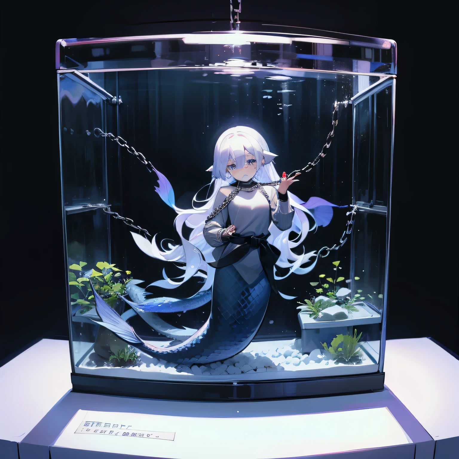 A mermaid, wearing sweater ,black belt,chains,long white hair,trapped in small fishtank,crying face,museum show, eye glass,full body shot,