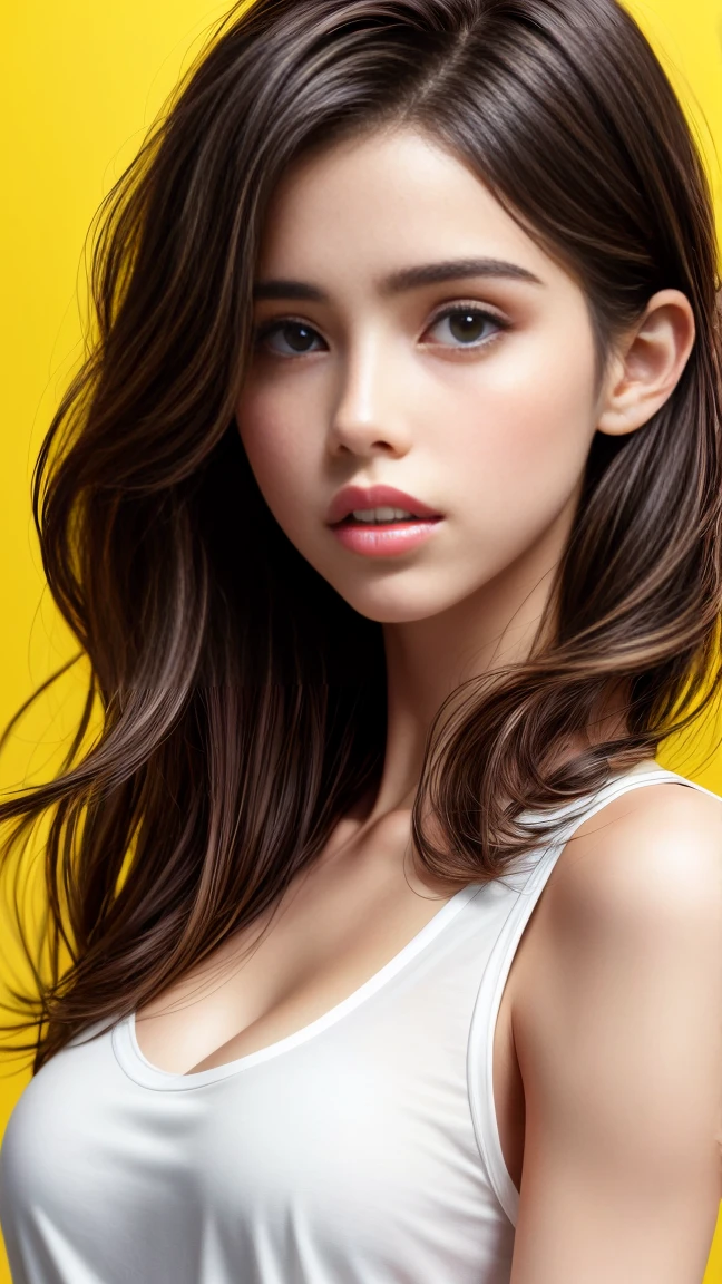 (Margaret Qualley)), (highest quality, High resolution, masterpiece :1.3), Beautiful woman, slender body shape, dark brown hair, sleeveless T-shirt, Highly detailed face and skin texture, big beautiful eyes, double eyelid, liberty statue, Wishing for something, masterpiece, best quality, photorealistic, Citizen of Guinea-Bissau, very cute super model, perfect anatomy, skinny, , transparent yellow top
