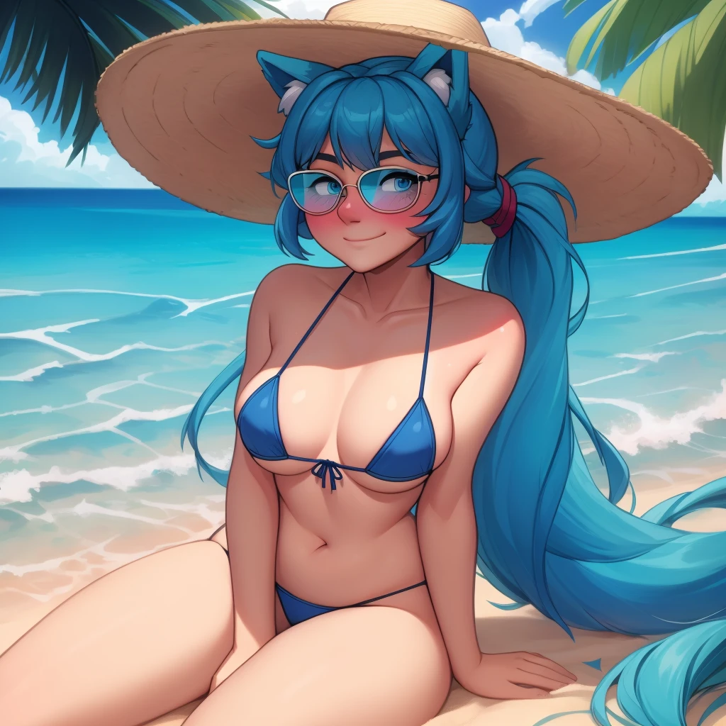 (Masterpiece) (High Detail) (High Res) A close up of A short little slim humanoid girl with pale human skin and blue eyes and long blue hair tied up in a long ponytail and blue dog ears and a fluffy blue dog tail and average breasts. She is sat on a tropical beach with palm trees and sand and blue seas. She is wearing a navy blue bikini top and navy blue bikini bottoms and a pair of sunglasses and a straw sunhat. She is looking over the glasses and is smirking with blushing cheeks
