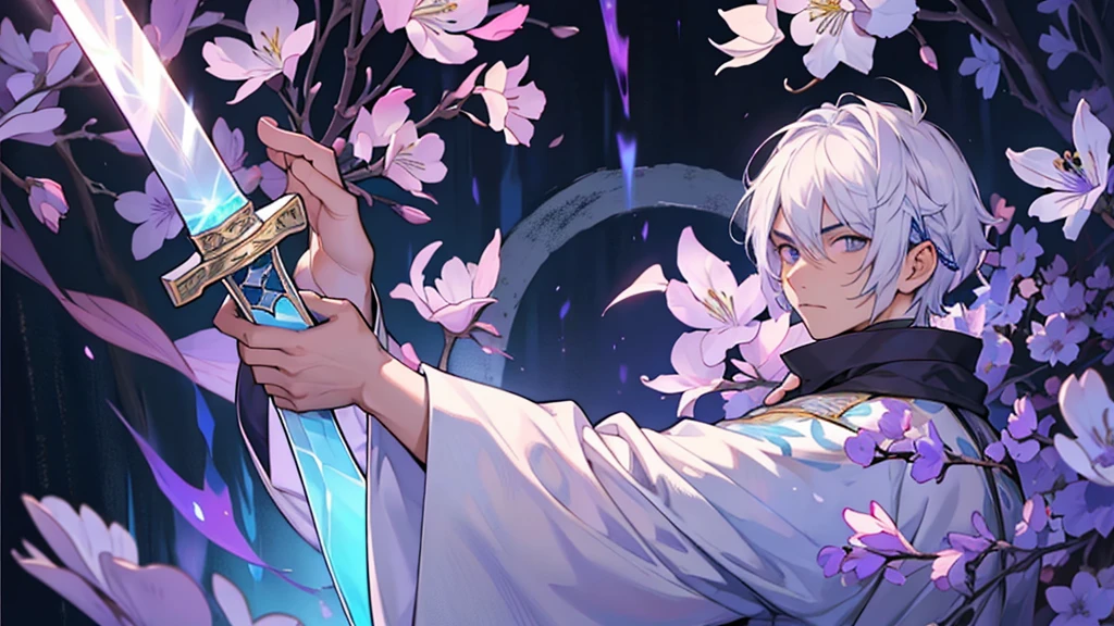 A Chinese boy who has a white hair and holding a sword wearing a white kimono with long long sleeps his kimono has a Persian painting patron and it's shiny behind him is a wall it's like a rock wall half top of the painting is surrounded by white pink purple and light blue flowers like Lily of the Valley and violets and the bottom of the painting there is so many gemstones who are pink purple and light blue the boy has a hair accessory that has a diamond shape gemstone stone that is deep red the boy hold the sword with both hand in the front of him and his pose is kind of like 3.4 of his face showing to us he's har is so long