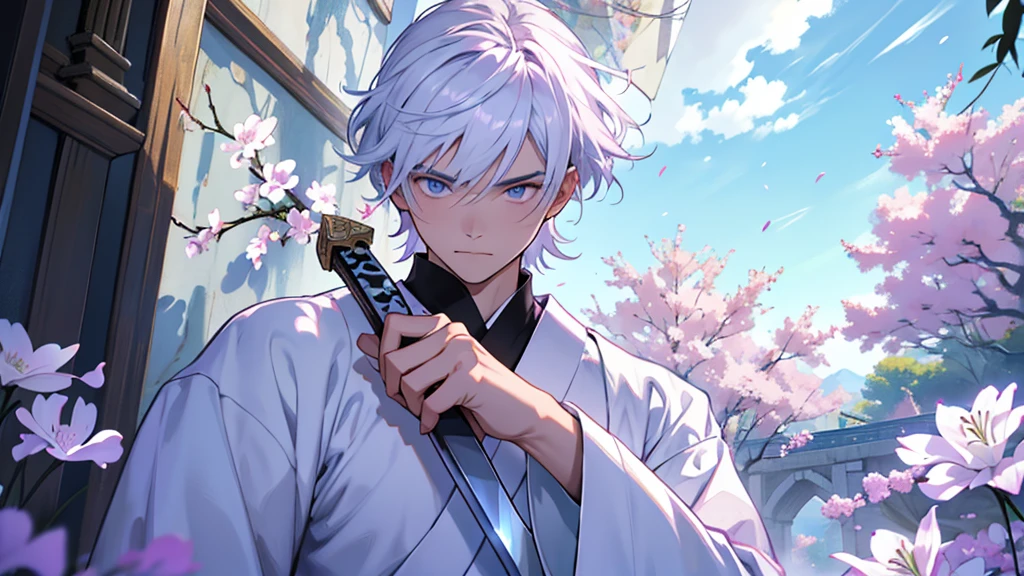 A Chinese boy who has a white hair and holding a sword wearing a white kimono with long long sleeps his kimono has a Persian painting patron and it's shiny behind him is a wall it's like a rock wall half top of the painting is surrounded by white pink purple and light blue flowers like Lily of the Valley and violets and the bottom of the painting there is so many gemstones who are pink purple and light blue the boy has a hair accessory that has a diamond shape gemstone stone that is deep red the boy hold the sword with both hand in the front of him and his pose is kind of like 3.4 of his face showing to us he's har is so long