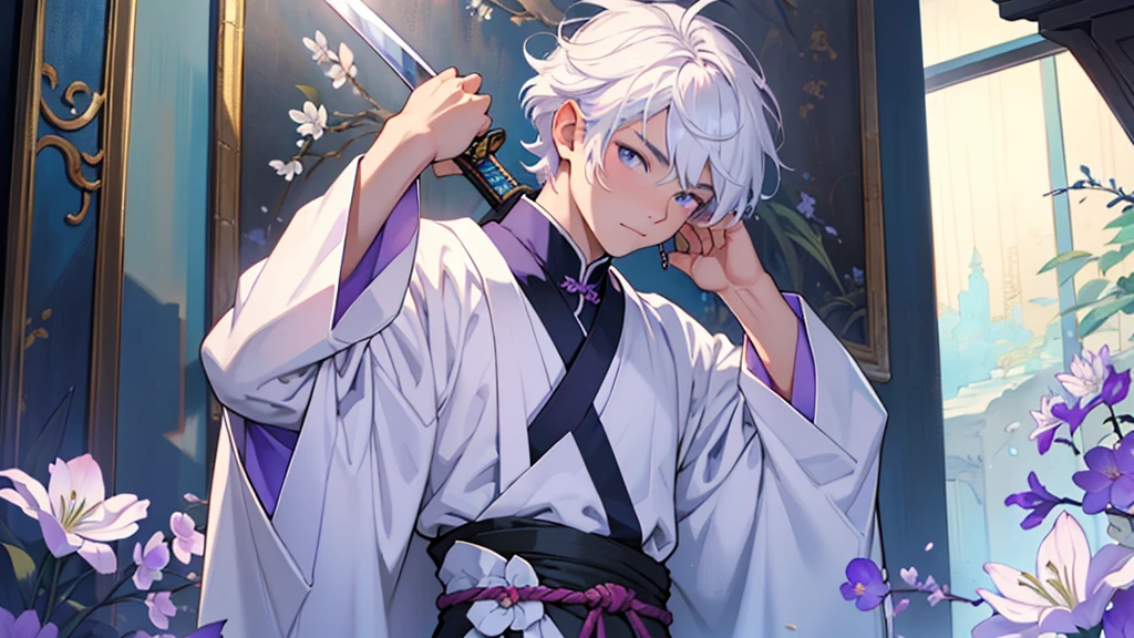 A Chinese boy who has a white hair and holding a sword wearing a white kimono with long long sleeps his kimono has a Persian painting patron and it's shiny behind him is a wall it's like a rock wall half top of the painting is surrounded by white pink purple and light blue flowers like Lily of the Valley and violets and the bottom of the painting there is so many gemstones who are pink purple and light blue the boy has a hair accessory that has a diamond shape gemstone stone that is deep red the boy hold the sword with both hand in the front of him and his pose is kind of like 3.4 of his face showing to us he's har is so long