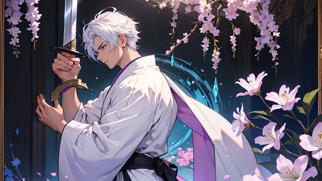 A Chinese boy who has a white hair and holding a sword wearing a white kimono with long long sleeps his kimono has a Persian painting patron and it's shiny behind him is a wall it's like a rock wall half top of the painting is surrounded by white pink purple and light blue flowers like Lily of the Valley and violets and the bottom of the painting there is so many gemstones who are pink purple and light blue the boy has a hair accessory that has a diamond shape gemstone stone that is deep red the boy hold the sword with both hand in the front of him and his pose is kind of like 3.4 of his face showing to us ‏he's har is so long