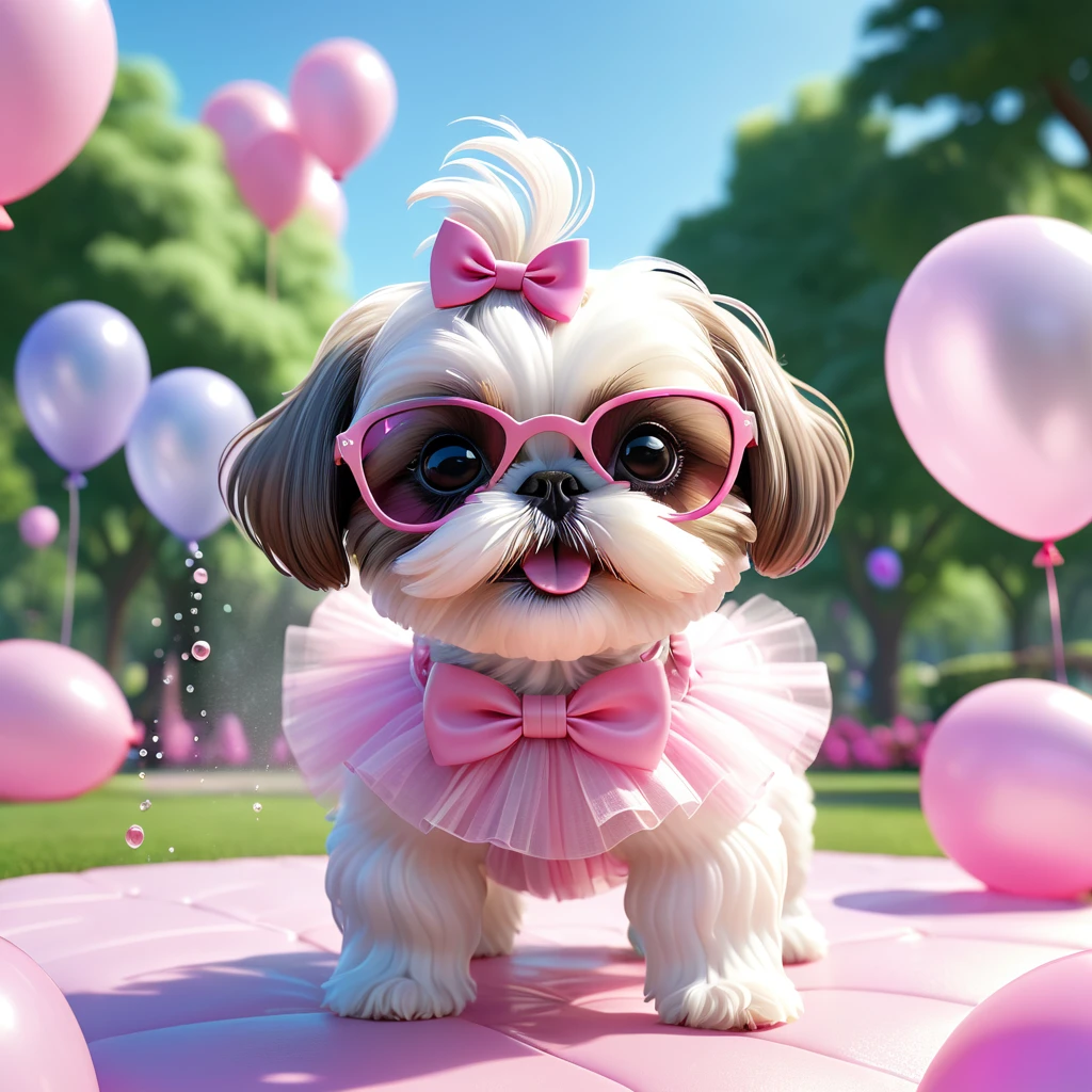 a small adorable shih tzu puppy,1 shih tzu puppy,wearing pink sunglasses,wearing pink bows,wearing pink tutu,playing in a park,birthday party,playing with water hose,balloons floating,3d cartoon,3d render,disney pixar style,cute,whimsical,playful,pastel colors,soft lighting,highly detailed,photorealistic,8k,best quality