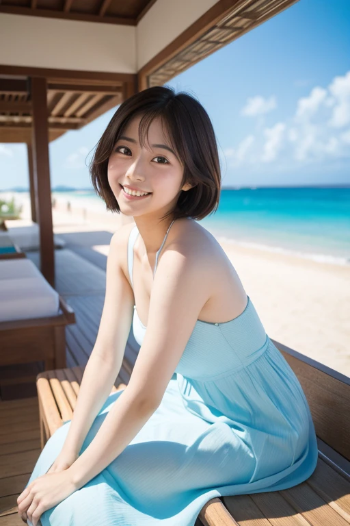 Satomi Ishihara style C cup Short hair The background is the ocean of Okinawa blue sky Wearing a white dress smile