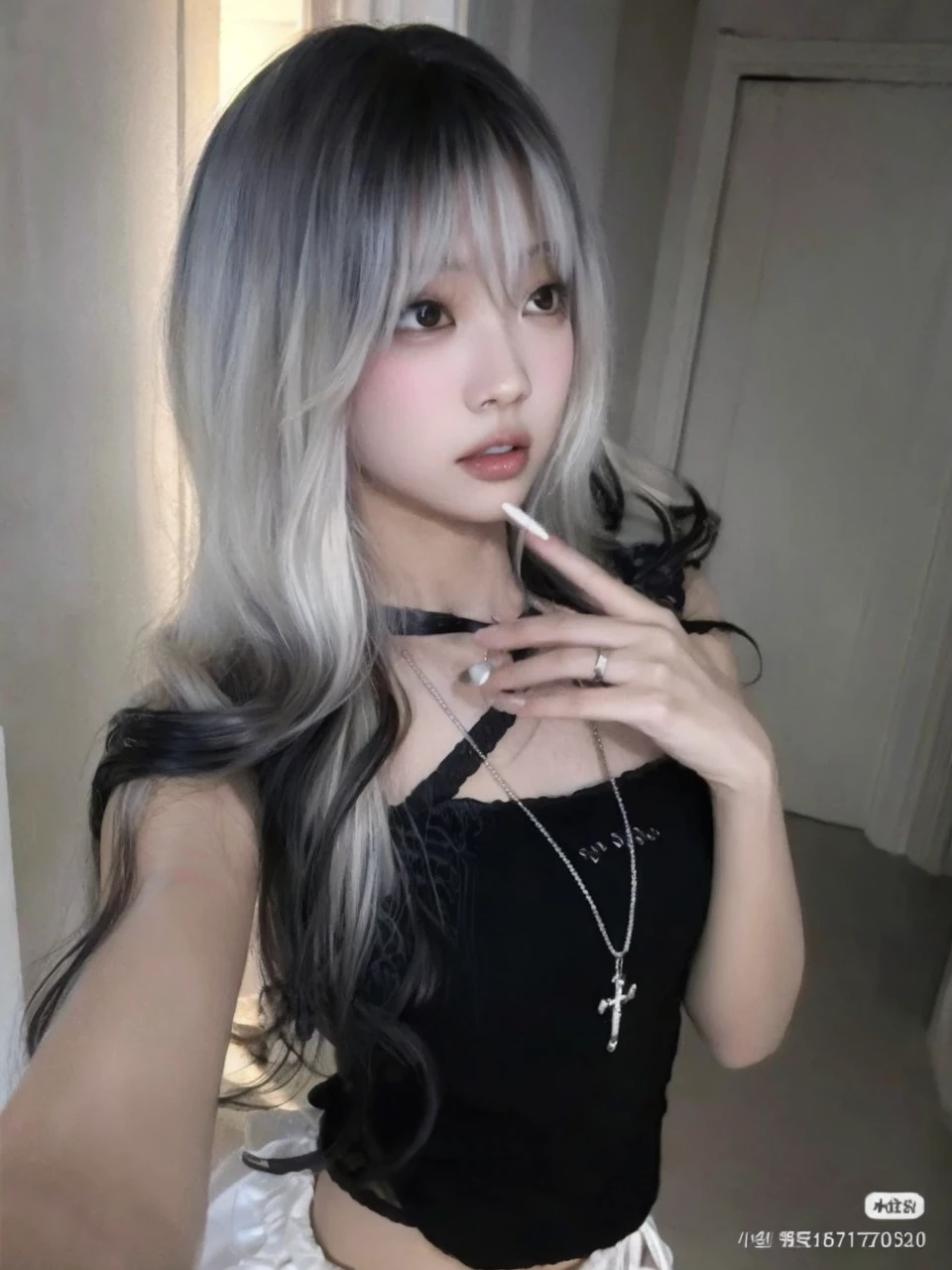 High quality, rich in detail, twin-tailed silver-haired girl posing cutely. She wears a vintage gothic street hoodie with rings, bracelets, earrings and necklaces. Big are also visible. The photo is a close-up of the face, and there is also a sporty atmosphere.