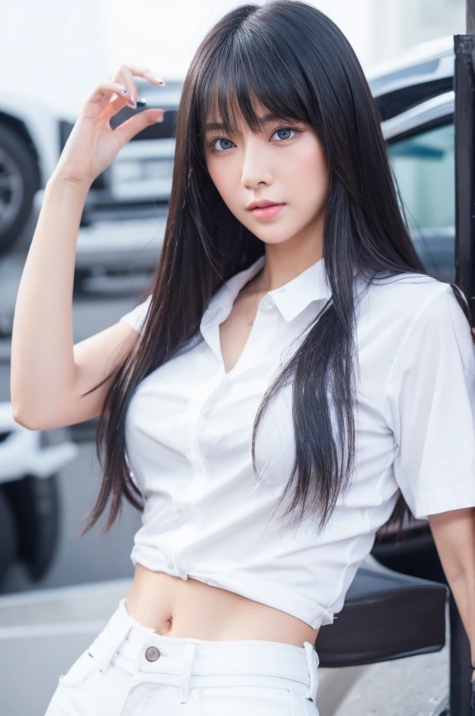 8k、RAW Photos、highest quality、Real、Photorealistic、Professional Lighting、mix4、20d、Beautiful Teenage Woman、1 female、Big beautiful eyeedium chest、A hyper-realistic painting of a Japanese girl with brown medium-length hair, wearing varsity fashion, riding a silver futuristic superconducting motorbike with white LED lights through the streets of England