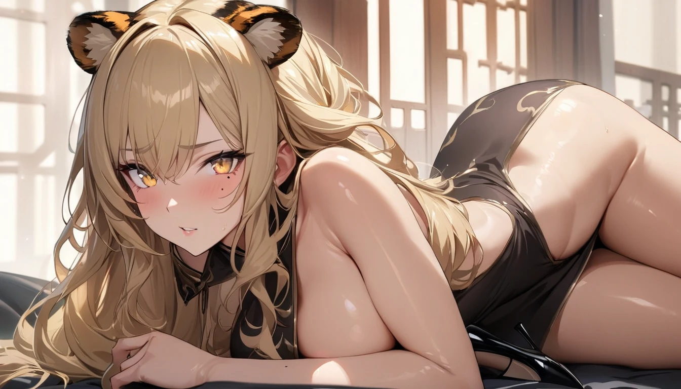 1girl、(((best quality)), ((masterpiece)), (details), masterpiece, best quality, high quality, ulutra detailed, perfect face, ((1girl, blond eyes, tiger ears: 1.3 blond long hair: 2.5,Mole under left eye:2.0))、Shiny Hair、Glowing Skin、Lustful look、China dress、Sideboob、Drinking Chinese tea、Stiletto heels、