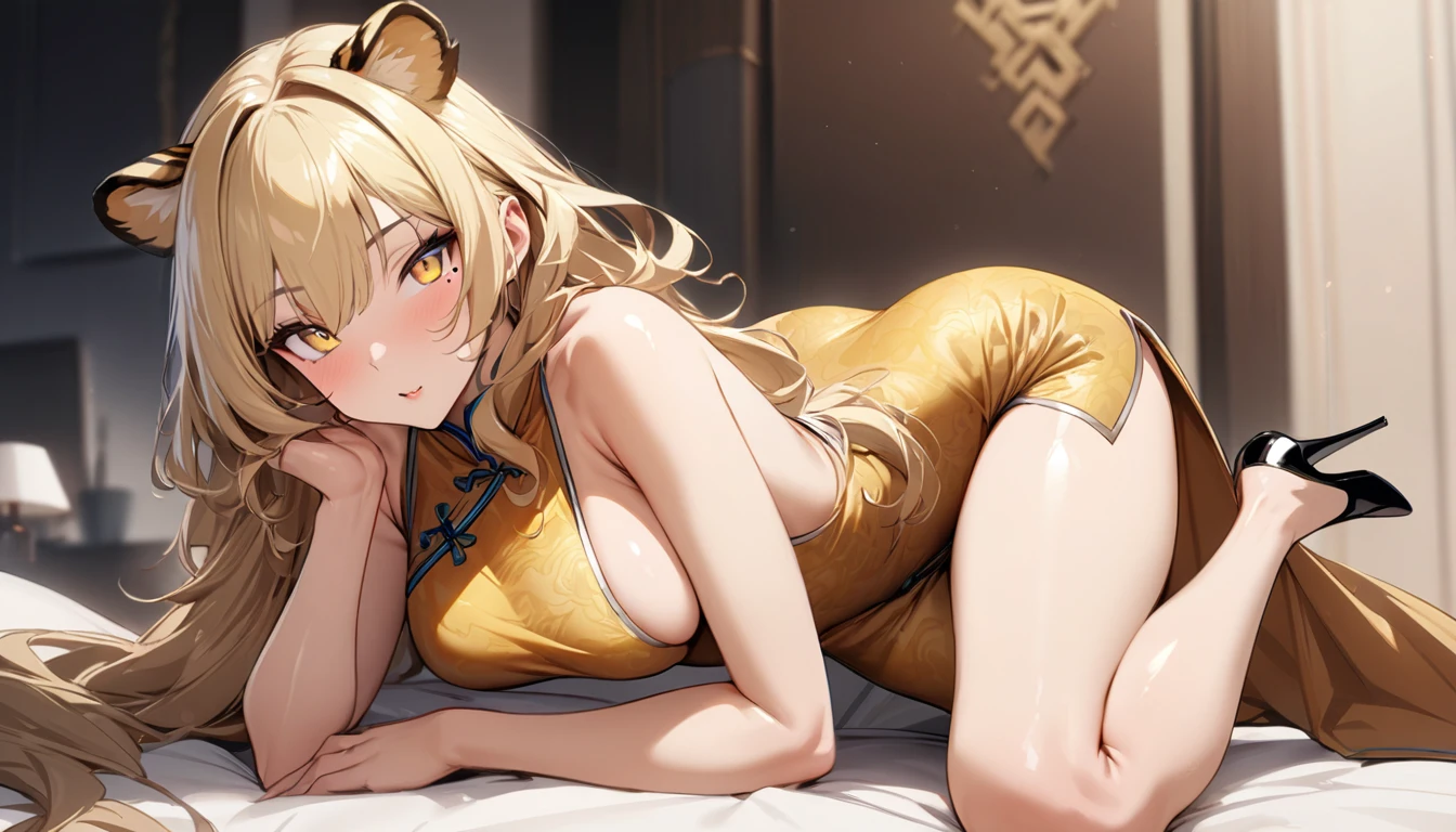 1girl、(((best quality)), ((masterpiece)), (details), masterpiece, best quality, high quality, ulutra detailed, perfect face, ((1girl, blond eyes, tiger ears: 1.3 blond long hair: 2.5,Mole under left eye:2.0))、Shiny Hair、Glowing Skin、Lustful look、China dress、Sideboob、Drinking Chinese tea、Stiletto heels、