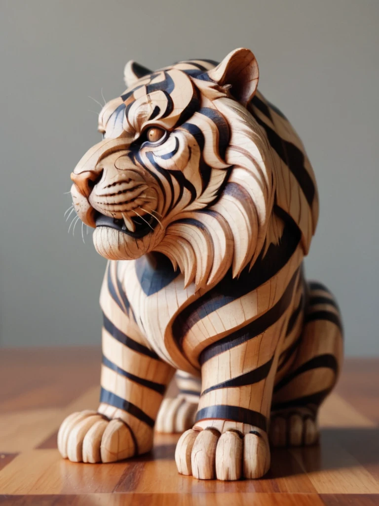 Wooden Figure, checkerboard, Amazing wooden tiger, (Apply varnish color:1.2), Art style