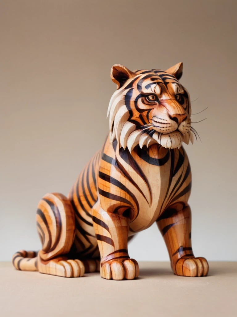 Wooden Figure, checkerboard, Amazing wooden tiger, (Apply varnish color:1.2), Art style 