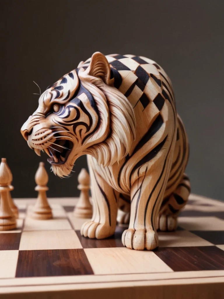 Wooden Figure, checkerboard, Amazing wooden tiger, (Apply varnish color:1.2), Art style