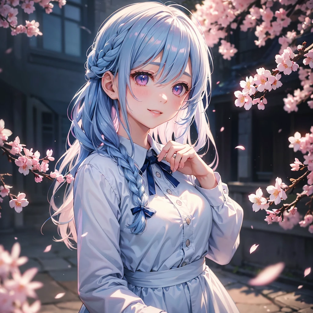(Light Blue Medium Hair),(Braided Hair)、Pink Eyes、Fair skin、(whole body)、(uniform)、Cherry Blossoms at ht、Big smile、A dignified figure、alone、(masterpiece、Highest quality、Very detailed、Best Shadow)、(Detailed Background)、(Beautifully detailed face)、High Contrast、(Best lighting、Very delicate and beautiful)、((Cinematic Light))、colorful、Hyper Detail、Dramatic Light、Exquisite detail、