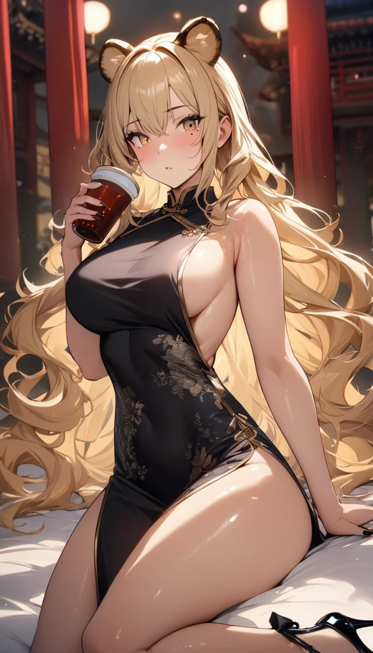 1girl、(((best quality)), ((masterpiece)), (details), masterpiece, best quality, high quality, ulutra detailed, perfect face, ((1girl, blond eyes, tiger ears: 1.3 blond long hair: 2.5,Mole under left eye:2.0))、Shiny Hair、Glowing Skin、Lustful look、China dress、Sideboob、Drinking Chinese tea、Stiletto heels、