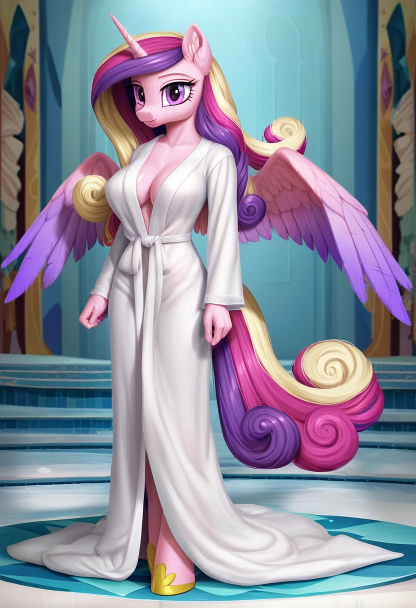 score_9, score_8_up, score_7_up, score_6_up, score_5_up, score_4_up,  by aki99, source_pony, rating_questionable, masterpiece, countershading, detailed soft lighting BREAK
anthro pony princess cadance wearing a silver bath robe, long hair, joyful, oiled, shiny, large breasts, full body, ear fluff, fashion show background 