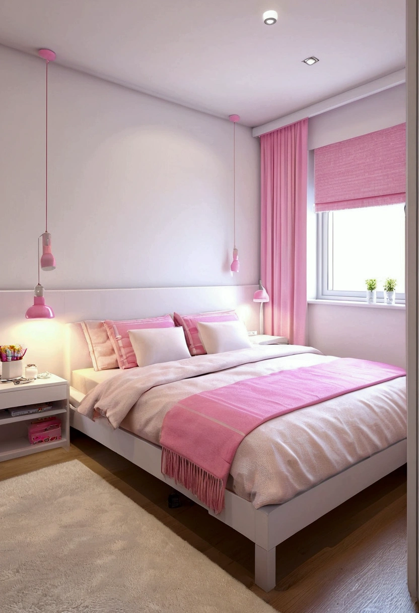 Modern Room,部屋 bedルーム,bed,Simple style, computer, (The main colors are white and pink.)